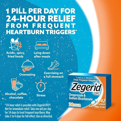 Zegerid OTC 24-Hour Heartburn Relief, The Only Proton Pump Inhibitor with Omeprazole 20mg + Sodium Bicarbonate, Treats Frequent Heartburn, 14ct Capsules