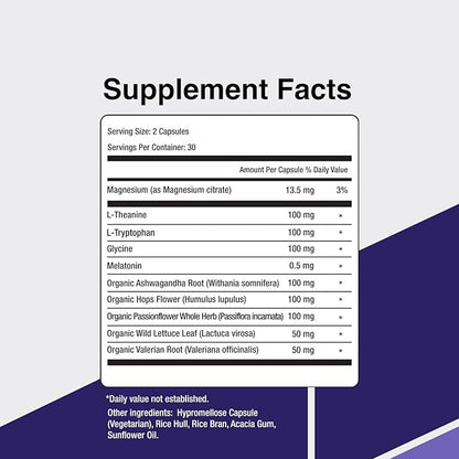 SleepSupport - Natural Sleep Aid for Adults to Help Promote Calm and Relaxation - Organic Sleep Supplement with Ashwagandha, Valerian Root, Magnesium, Melatonin, Glycine, L-Tryptophan - 60 Capsules