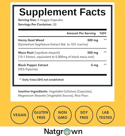 Natgrown Horny Goat Weed and Maca Root Extract Supplement for Men & Women (Epimedium Extract, Hornygoatweed) Vegan Capsules - 60 Ct