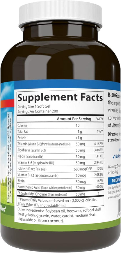 Carlson - B-50 Gels, Vitamin B Complex, Energy Production, Cellular Support & Optimal Wellness, 200 Softgels