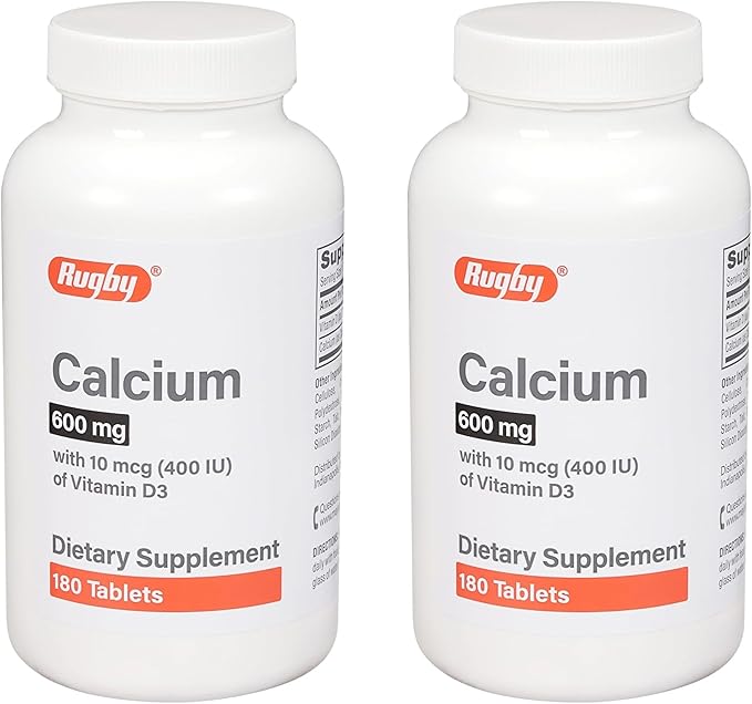 Rugby 600mg Calcium Tablets - Made with 10mcg (400IU) of Vitamin D3 - Dietary Supplement - 180 Count (2 Pack)