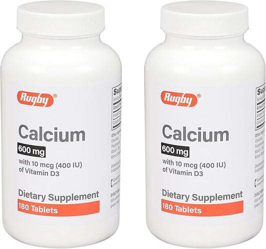 Rugby 600mg Calcium Tablets - Made with 10mcg (400IU) of Vitamin D3 - Dietary Supplement - 180 Count (2 Pack)