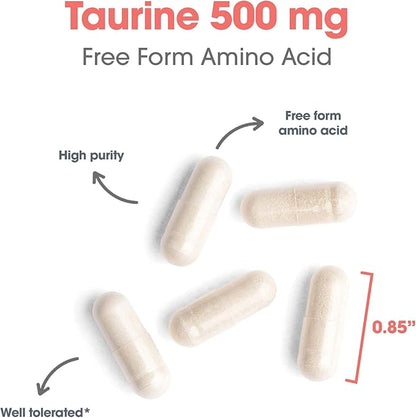Allergy Research Group Taurine 500mg Supplement - Cardiovascular Support, Free Form Amino Acid, Pure, Organic, Vegetarian Capsules - 100 Count