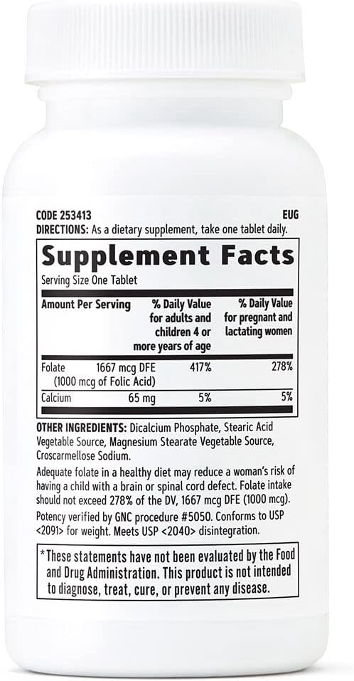GNC Folic Acid 1000mcg | Supports Healthy Fetal Development | Required for Proper Red Blood Cell Formation | Vegetarian Formula | 100 Count