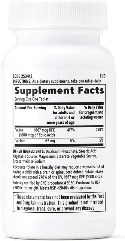 GNC Folic Acid 1000mcg | Supports Healthy Fetal Development | Required for Proper Red Blood Cell Formation | Vegetarian Formula | 100 Count