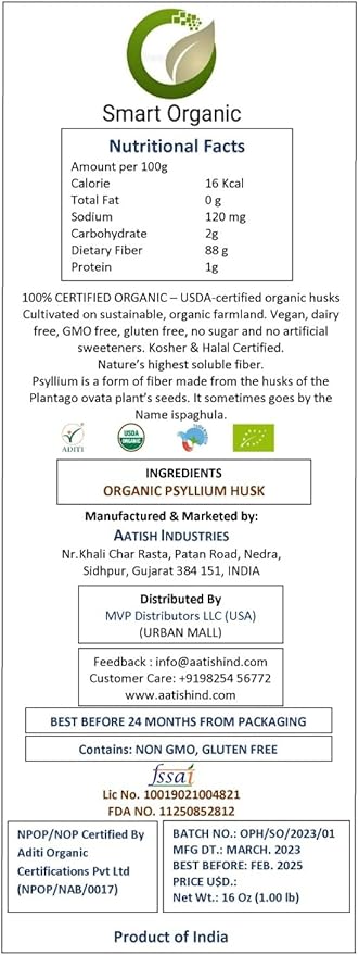 Smart Organic, Organic Psyllium Husk, Keto Friendly, Vegan, Gluten-Free, USDA Certified Organic, Non-GMO, Soluble & Insoluble Fiber Source 16 Ounce (16 oz)