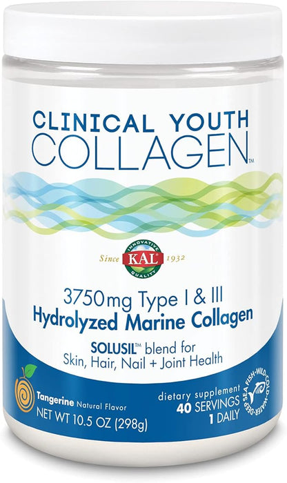 KAL Clinical Youth Collagen | Healthy Skin, Hair, Nail and Joint Support | Vitamin C | Natural Tangerine Flavor | 10.5oz, 40 Serv.