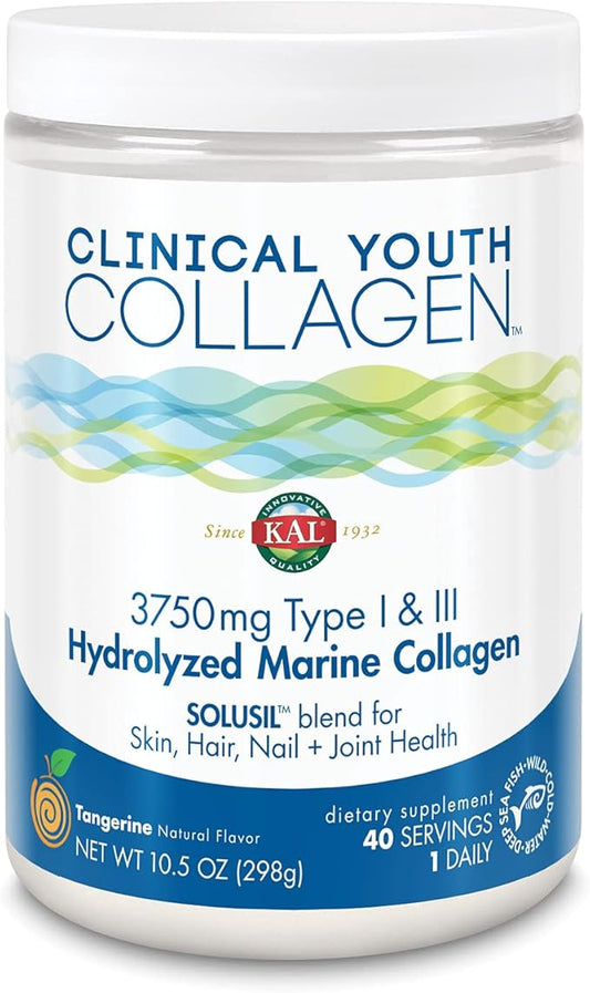 KAL Clinical Youth Collagen | Healthy Skin, Hair, Nail and Joint Support | Vitamin C | Natural Tangerine Flavor | 10.5oz, 40 Serv.