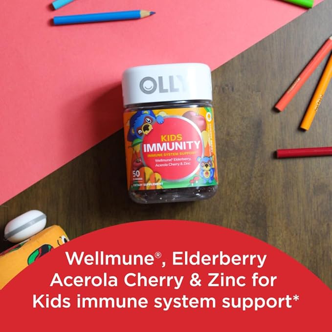 OLLY Kids Immunity Gummy, Immune Support, Wellmune, Elderberry, Vitamin C, Zinc, Chewable Supplement, Cherry - 50 Count & Kids Multivitamin Gummy Worms, Overall Health and Immune Support