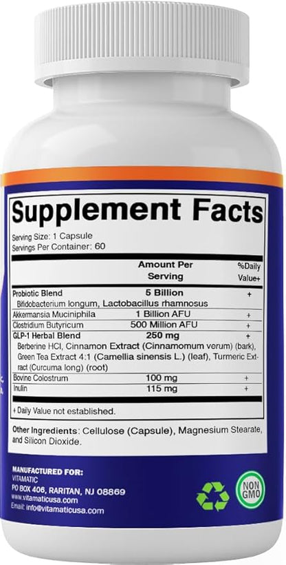 Vitamatic GLP-1 Support Supplement for Men & Women 60 Capsules - Made with Akkermansia, Probiotics, Prebiotic, Clostridium, Berberine, Cinnamon, Green Tea, Turmeric & Colostrum