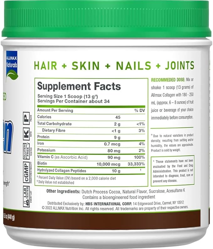 ALLMAX Nutrition Grass Fed & Pasture Raised Collagen with 10,000 mcg Biotin + 90 mg Vitamin C, Chocolate, 15.5 oz (440 g)