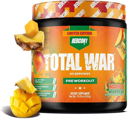 REDCON1 Total War Pre Workout Powder, Mango Madness - Fast Acting Caffeinated Preworkout for Men + Women with Beta Alanine - Contains Citrulline Malate for Increased Pump, Blood Flow (30 Servings)