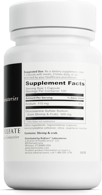 DAVINCI Labs Glucosamine Sulfate - A Dietary Supplement to Support Connective Tissue and Joint Functions - Gluten-Free - 500 mg - 120 Capsules
