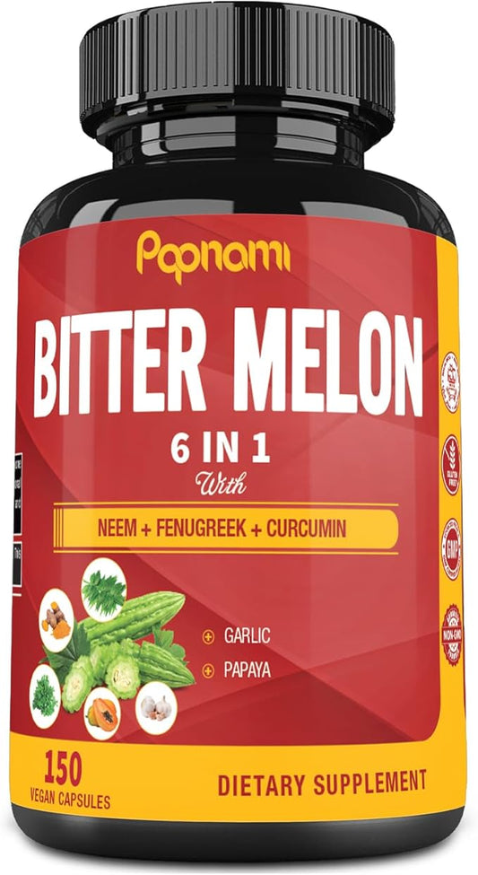 Organic Bitter Melon Extract Capsules - Combined Neem, Fenugreek, Curcumin, Garlic & Papaya - 150 Count for 5 Months - Supports Body, Digestive, Skin, Immune & Overall Wellness