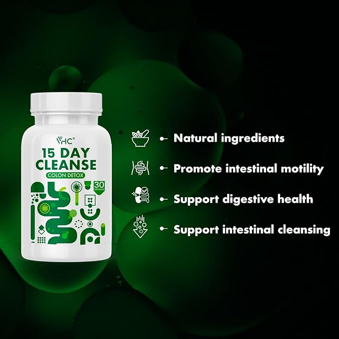 VHC 15 Day Cleanse,Colon Detox and Gut Health for Women and Men,Detox Supplement with Strength Senna Leaf,Cascara Sagrada & Psyllium Husk,Made in USA,Vegan, Non-GMO Ingredients,30 Capsule