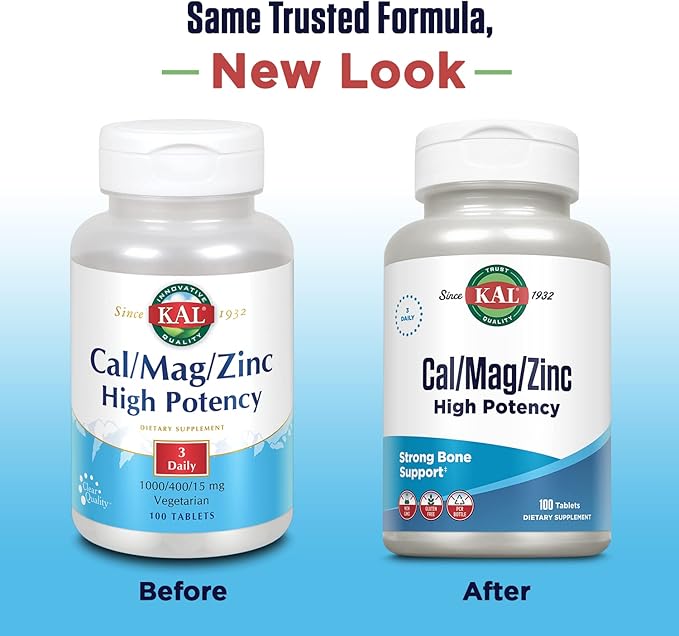 KAL Cal/Mag/Zinc | 1000mg Calcium, 400mg Magnesium & 15mg Zinc | Bone, Muscle, Heart & Immune Support | 100ct, 33 Serv
