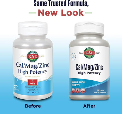 KAL Cal/Mag/Zinc | 1000mg Calcium, 400mg Magnesium & 15mg Zinc | Bone, Muscle, Heart & Immune Support | 100ct, 33 Serv