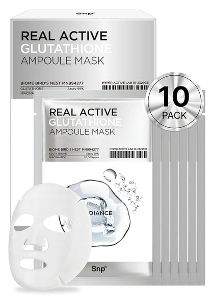 [K Beauty] Real Active Glutathione Ampoule Sheet Mask | Vegan Face Mask with Glutathione & Niacinamide | Revitalizing and Balancing for All Skin Types | Korean Face Masks Skincare | 10 Sheets