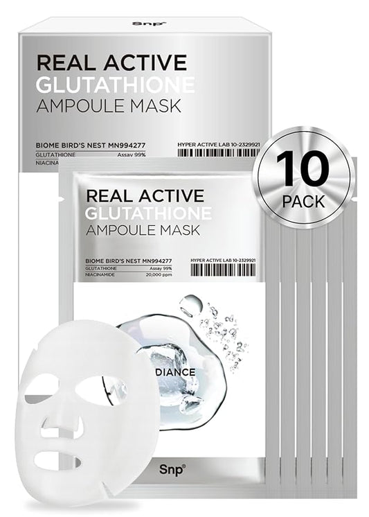 [K Beauty] Real Active Glutathione Ampoule Sheet Mask | Vegan Face Mask with Glutathione & Niacinamide | Revitalizing and Balancing for All Skin Types | Korean Face Masks Skincare | 10 Sheets