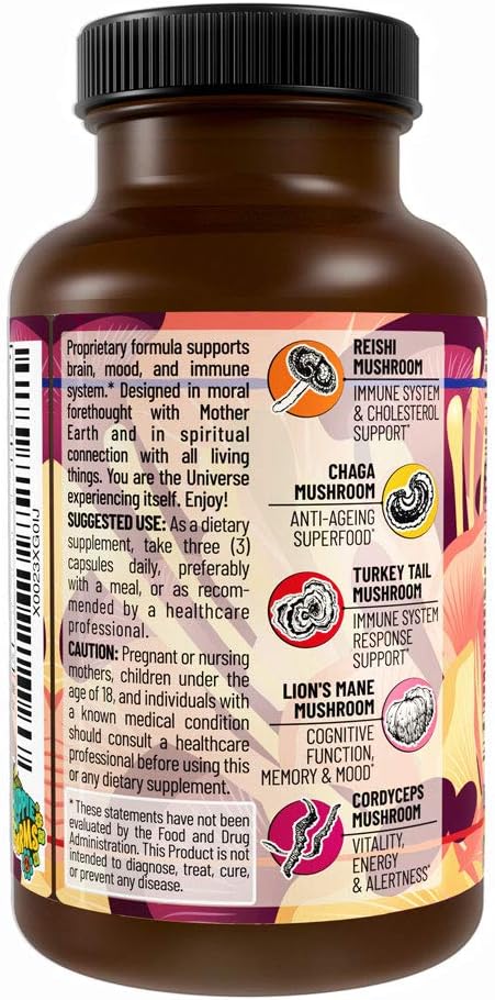 5 Mushrooms Reserve Blend Mushroom Supplement - Lions Mane, Turkey Tail, Reishi, Chaga, Cordyceps - Immune System, Brain, Cognition, Energy, Mood Support