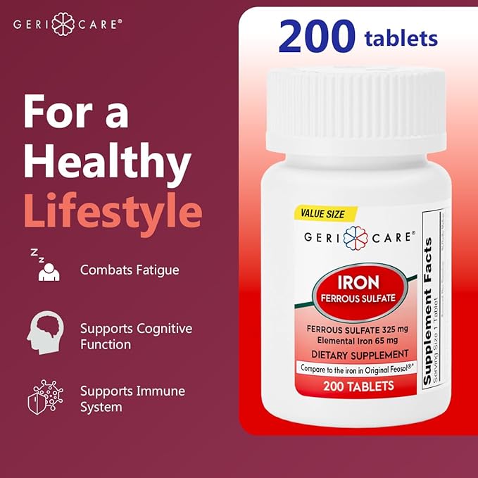 GeriCare Ferrous Sulfate Tablets 325mg, Elemental Iron 65 mg High Potency Iron Supplement | Dietary Supplement 200 Count. (Pack of 1)
