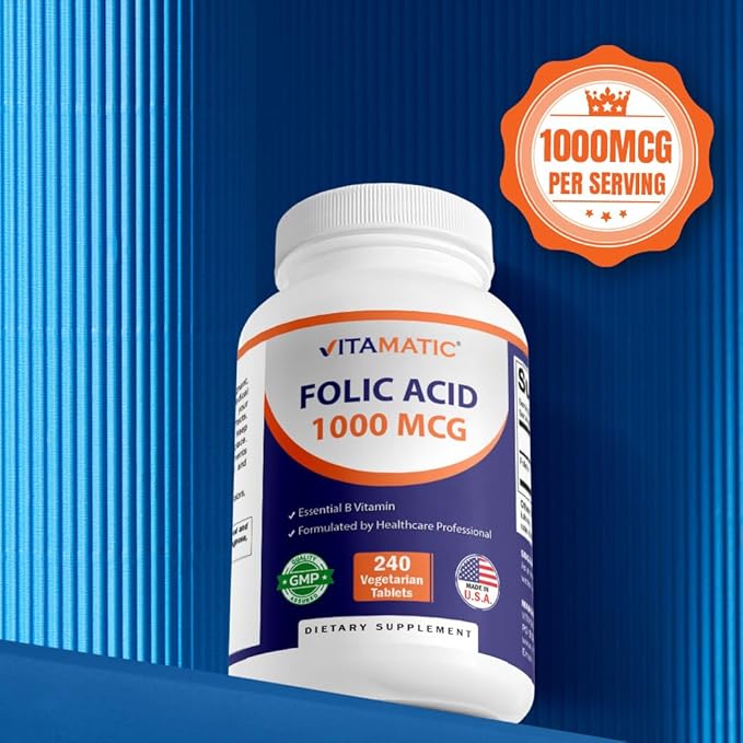 Vitamatic Folic Acid 1000 mcg (1 mg) – 240 Vegetarian Tablets (Pack of 2) 1667 mcg DFE – Vitamin B9 for Prenatal, Heart & Cellular Health