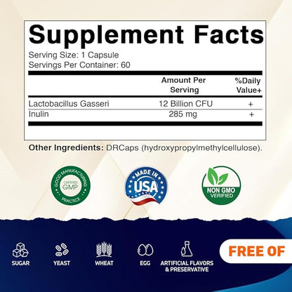 Vitamatic Lactobacillus Gasseri - 12 Billion per DR Capsule - 60 Count - Digestive Support - Made with Prebiotic Inulin Fiber