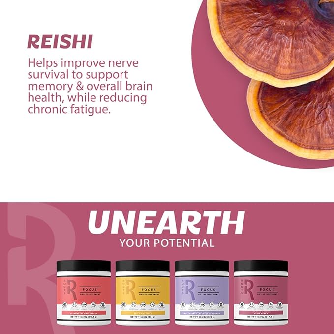Roots Focus Nootropic Brain Supplement - Strawberry Watermelon, Blend of Lion's Mane, Cordyceps, & Reishi Functional Mushrooms + Extended-Release Caffeine, 50 Servings