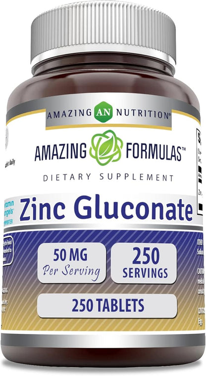 Amazing Formulas Zinc Gluconate 50mg 250 Tablets Supplement | Non-GMO | Gluten Free | Made in USA
