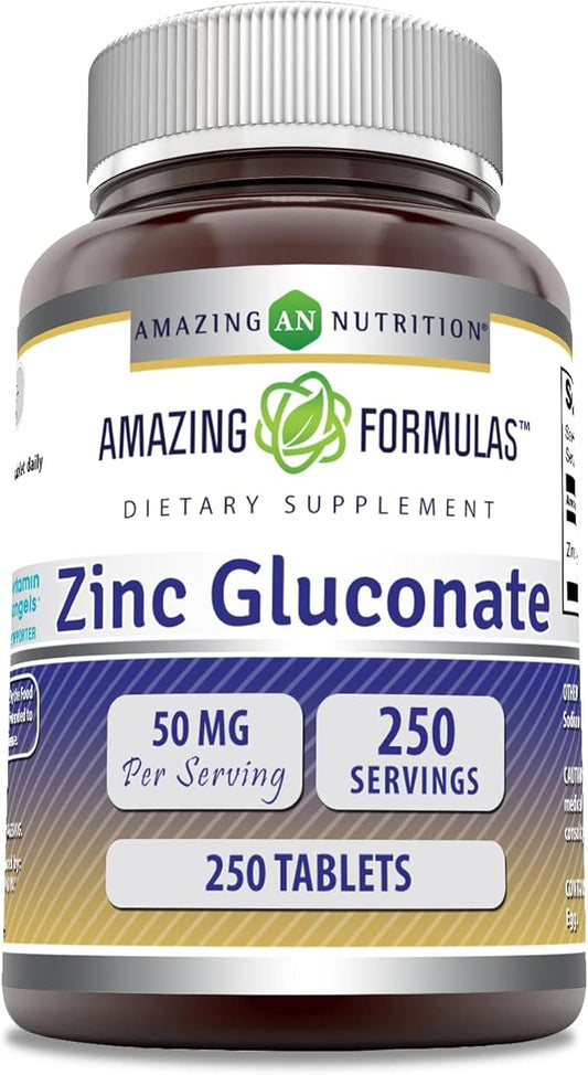 Amazing Formulas Zinc Gluconate 50mg 250 Tablets Supplement | Non-GMO | Gluten Free | Made in USA