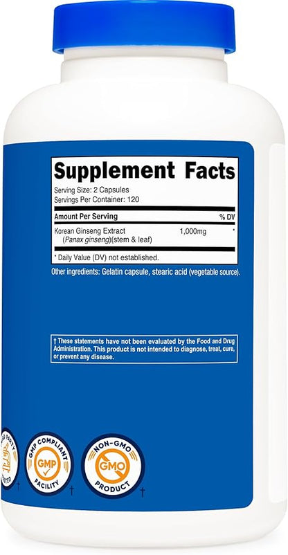 Nutricost Korean Ginseng 1000mg Serving, 240 Capsules - 500mg Per Capsule, 120 Servings - Korean Panax Red Ginseng - Gluten Free & Non-GMO