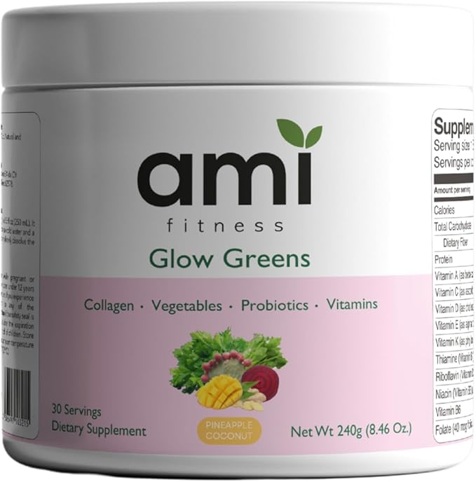 Glow Greens Powder, Collagen with Probiotics, Vitamins, Digestive Enzymes, Superfoods, Gut Health, Bloating Relief, Radiant Skin, Natural Glow, Spirulina, 30 SVG, Pineapple Coconut