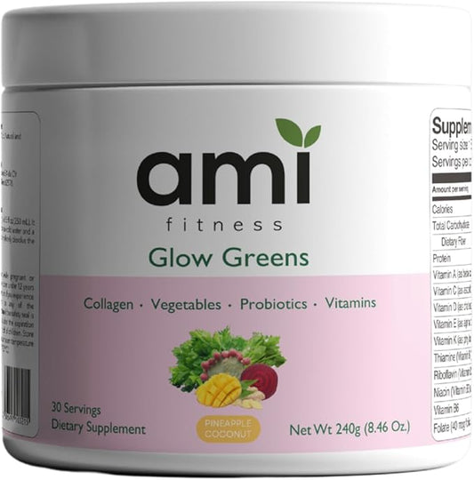 Glow Greens Powder, Collagen with Probiotics, Vitamins, Digestive Enzymes, Superfoods, Gut Health, Bloating Relief, Radiant Skin, Natural Glow, Spirulina, 30 SVG, Pineapple Coconut