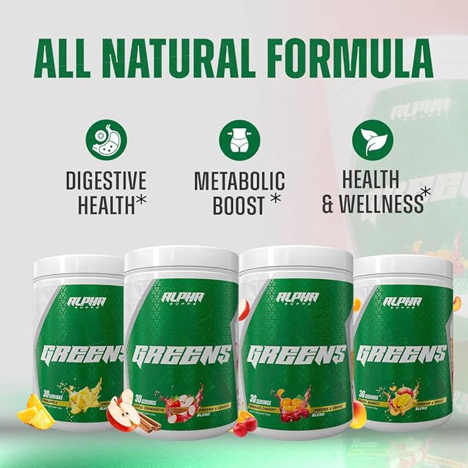 Alpha Greens Supplement | Fruit & Vegetable Superfood Powder | Over 40 Natural Plant Based Ingredients | Prebiotic & Probiotic Digestive Support Blend - 30 Servings (Pineapple)
