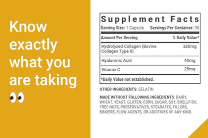 Collagen Pills Type 2 for Healthier Joints - Grass Fed Beef Collagen Hydrolyzed Type 2 Capsules with Vitamin C and Hyaluronic Acid