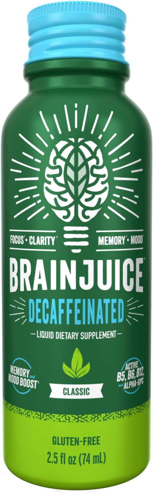 BrainJuice Decaf Brain Support Shot, Gluten Free Supplement Shots for Energy & Focus, Healthy Drinks with Alpha GPC, Vitamin B & Decaffeinated Green Tea Leaf, Classic, 2.5 fl oz, 12 Pack