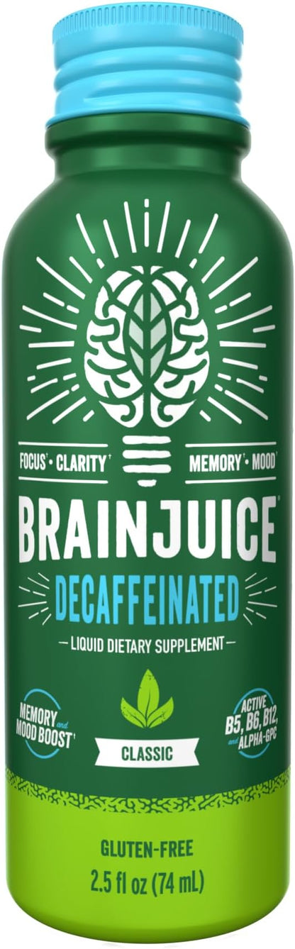 BrainJuice Decaf Brain Support Shot, Gluten Free Supplement Shots for Energy & Focus, Healthy Drinks with Alpha GPC, Vitamin B & Decaffeinated Green Tea Leaf, Classic, 2.5 fl oz, 12 Pack