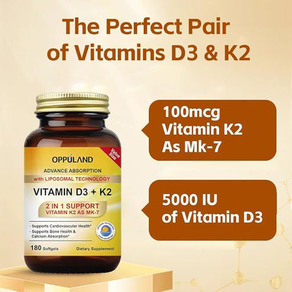 Vitamin D3 + K2 5000 IU - Liposomal Technology for Enhanced Absorption - MK-7 Vitamin K2 100mcg - Supports Bone & Calcium Metabolism - D3K2 Supplement for Men & Women - 180 Softgels
