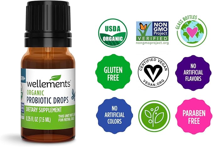 Wellements Organic Baby Probiotic Drops (0.25 Fl Oz) - Digestive & Immune Support for Infants - Toddler Probiotic Helps with Newborn+ Gut Health, Gas, Constipation & Colic Support - Preservative Free