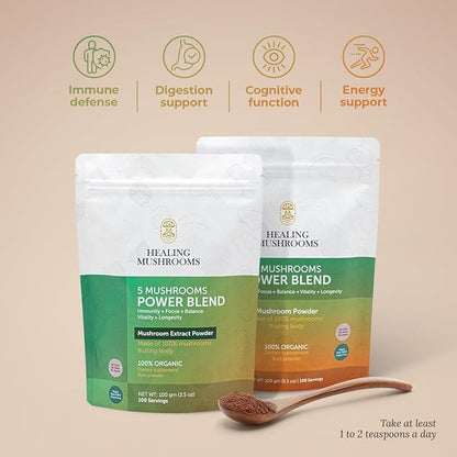 5 Mushrooms Power Bland, Organic Powder with Lions Mane, Reishi, Cordyceps, Turkey Tail, Chaga. 100 Grams