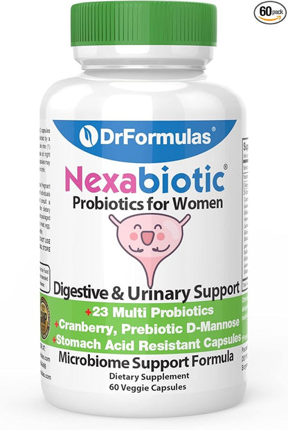 DrFormulas Cranberry Probiotics for Women Vaginal Health & Urinary Tract with Fiber Prebiotic & D Mannose | Nexabiotic Feminine Health, Vaginosis with Lactobacillus Acidophilus for Yeast, 60 Capsules