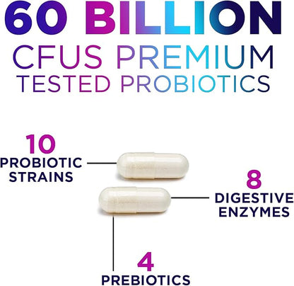 Probiotics 60 Billion CFU - 10 Strains + Digestive Enzymes & Prebiotics - Best Probiotic for Women & Men, Supports Immune, Gut Health, Occasional Constipation, Diarrhea, Gas & Bloating - 60 Capsules