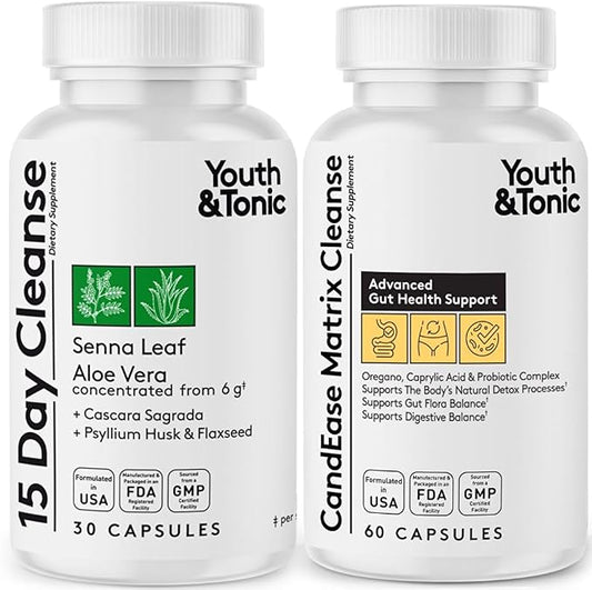 Youth & Tonic Colon Cleanse and CandEase Matrix Pills | Support for Body Detox Gut Health & Intestinal Flora Restoring Normal Acidity Level