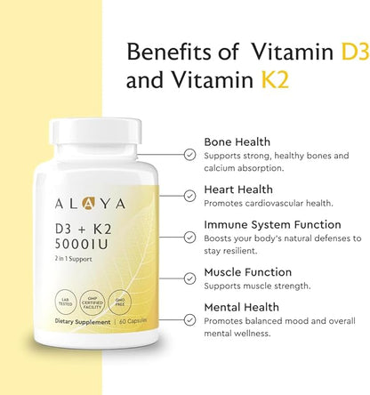 Alaya Naturals Vitamin D3 K2 Supplement – 5000 IU D3, 50 mcg K1, 15 mcg K2 MK-7 – High Absorption Capsules for Bone & Immune Support, Non-GMO, Vegetarian Capsules 60 Count