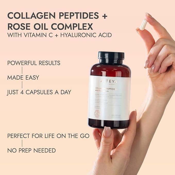 Alteya Organics Collagen Peptides and Rose Oil Complex Dietary Supplement with Marine Hydrolized Collagen Type I & III and Vitamin C + Hyaluronic Acid