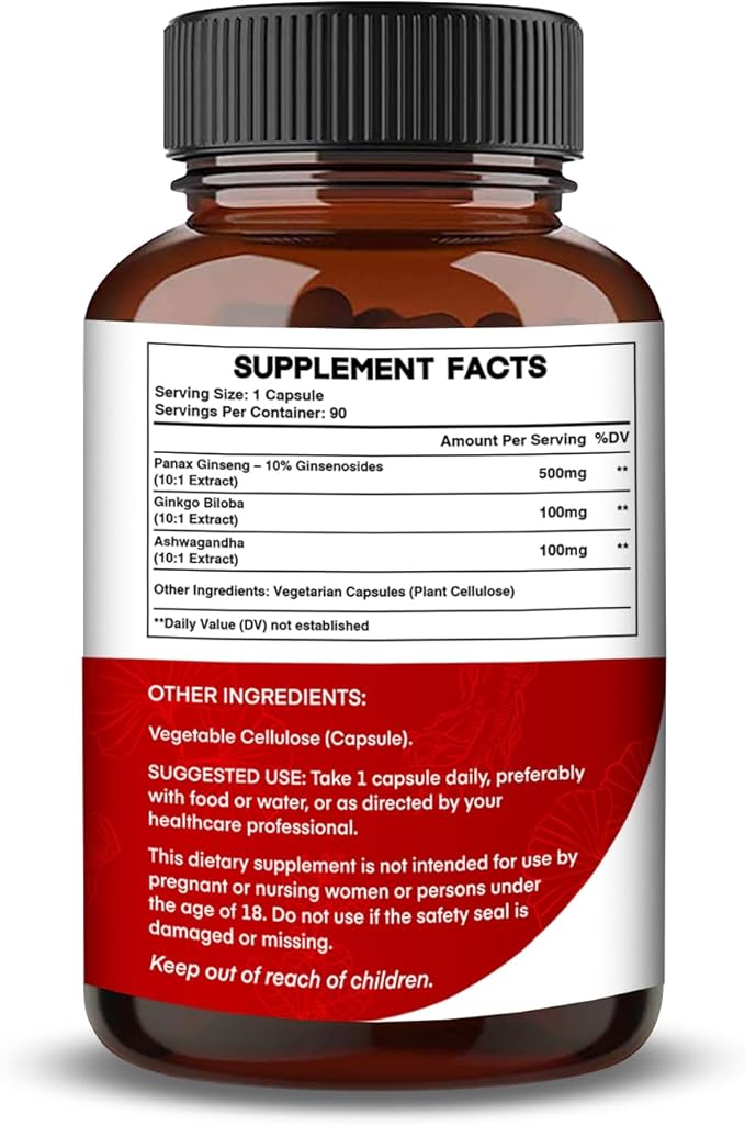 Korean Red Panax Ginseng 750mg Highest Potency with Ginkgo Biloba and Ashwagandha, Boost Energy, Memory, and Immune System - Focus Supplement Pills for Men and Women, 90 Vegan Capsules