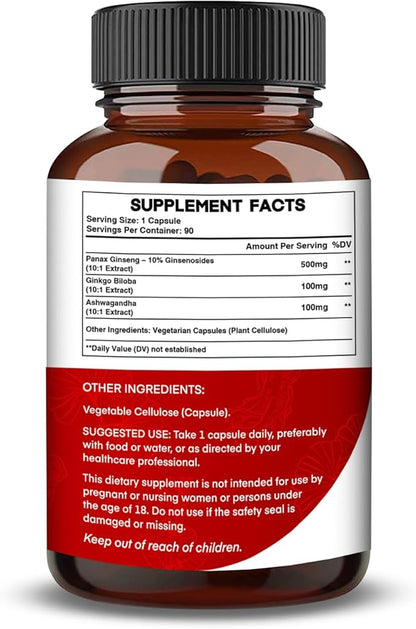 Korean Red Panax Ginseng 750mg Highest Potency with Ginkgo Biloba and Ashwagandha, Boost Energy, Memory, and Immune System - Focus Supplement Pills for Men and Women, 90 Vegan Capsules