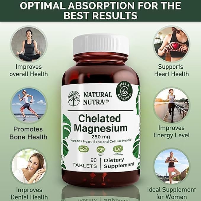 Natural Nutra Chelated Magnesium Oxide 250 mg - High Absorption for Strong Bones, Heart Health, Energy Boost, Gluten-Free, Non-GMO, 90 Tablets (3 Pack) in BPA-Free Recyclable Glass Bottles