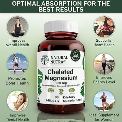 Natural Nutra Chelated Magnesium Oxide 250 mg - High Absorption for Strong Bones, Heart Health, Energy Boost, Gluten-Free, Non-GMO, 90 Tablets (3 Pack) in BPA-Free Recyclable Glass Bottles