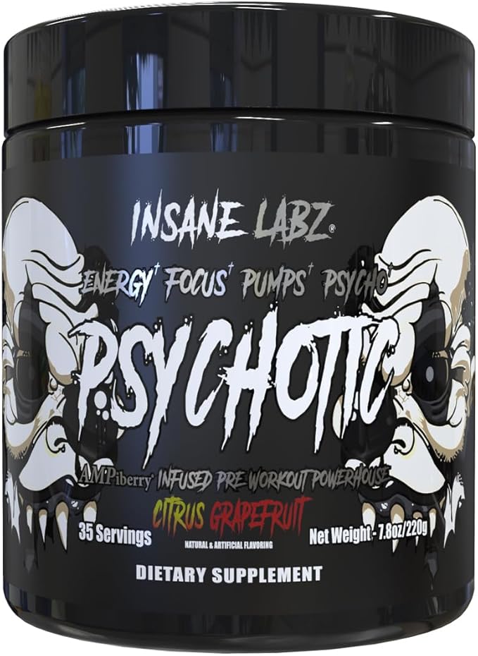 Insane Labz Psychotic Black Edition Mid Stimulant Pre Workout Powder, Energy Focus Pumps, Loaded with Creatine Beta Alanine Taurine Fueled by AMPiberry, 35 Servings (35, Citrus Grapefruit)